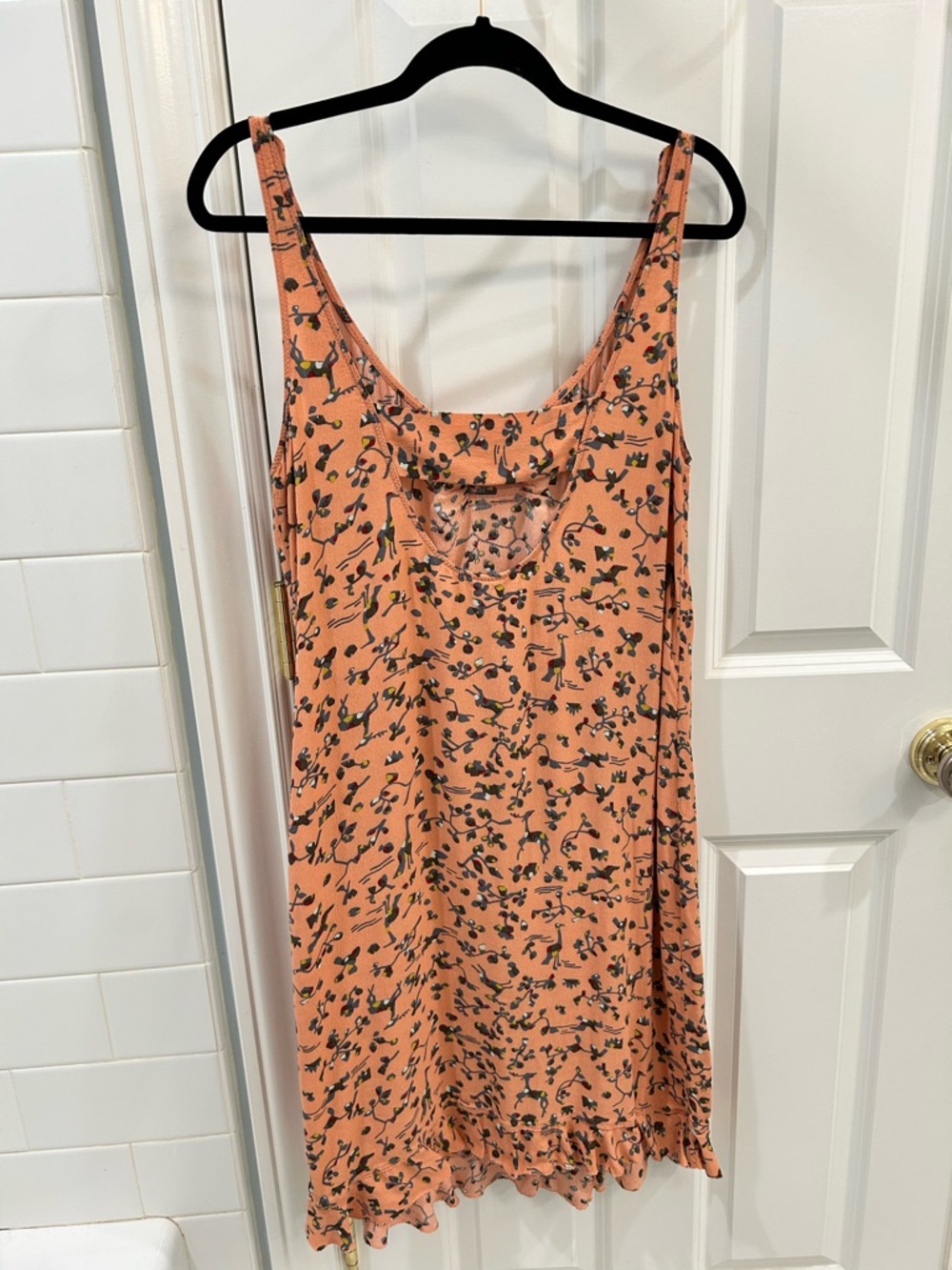 Sold Anthropologie Floreat Peach Pink Bird Floral Slip Dress Ruffle Hem Cutout - Picture 9 of 13